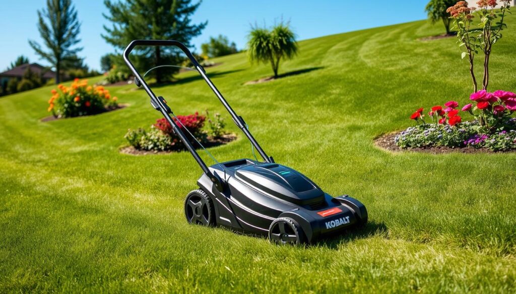 Kobalt electric mower navigating terrain