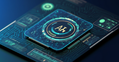 Futuristic technology-themed image showcasing AI, quantum computing, and AR/VR with vibrant blue and green colors, circuit boards, and glowing data streams.