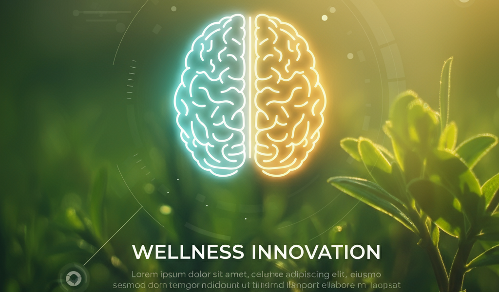 Vibrant image showcasing Corpenpelloz as a blend of wellness and innovation with a glowing brain, serene nature, and tech-inspired graphics.
