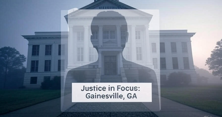Hall County Courthouse with mugshot silhouette for Jacob Cain case