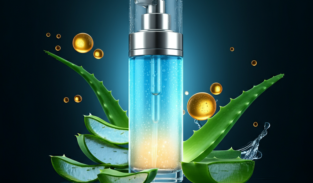 SkinPres T bottle surrounded by aloe vera, vitamin C, and water droplets showcasing hydration.