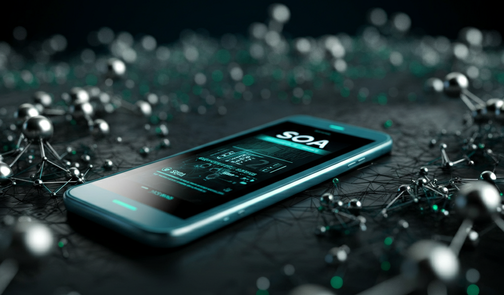 Futuristic digital ecosystem with interconnected nodes representing SOA OS23.