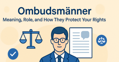 Illustration of ombudsmänner with justice scales and documents