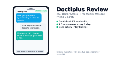 Doctiplus app review showing 24/7 doctor chat and data safety